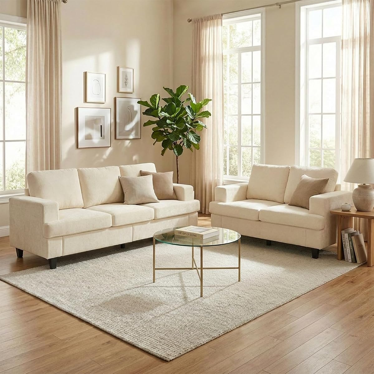 82" Width 2 Piece Living Room Sofa Set, 3 Seater Sofa Couch and Loveseat Sets, Modular Sectional Sofas Furniture Set, Chenille Fabric Sofas Couches for Living Room Bedroom Home Apartment, Beige