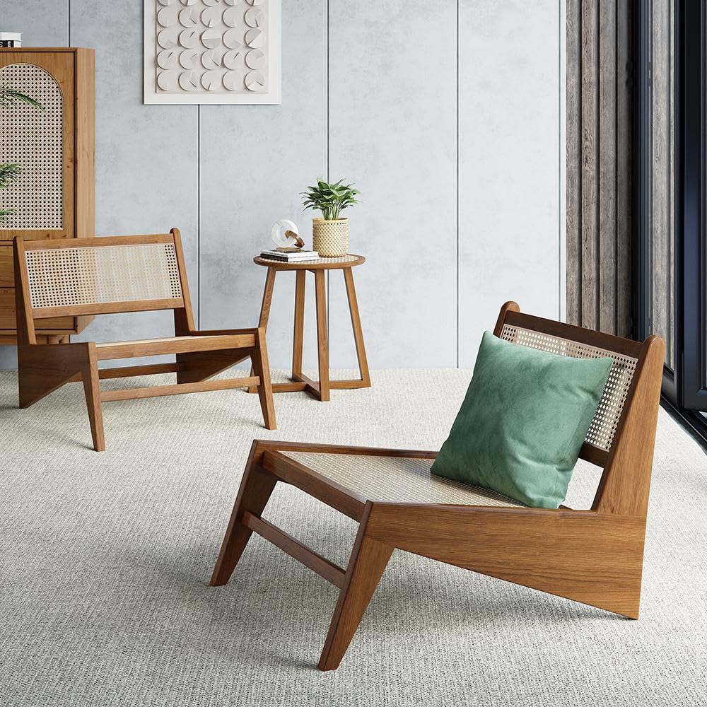 Mid Century Modern Chair Japandi Walnut Rattan and Wood Lounge Chairs Armless Accent Chair for Living Room Bedroom Balcony & Patio