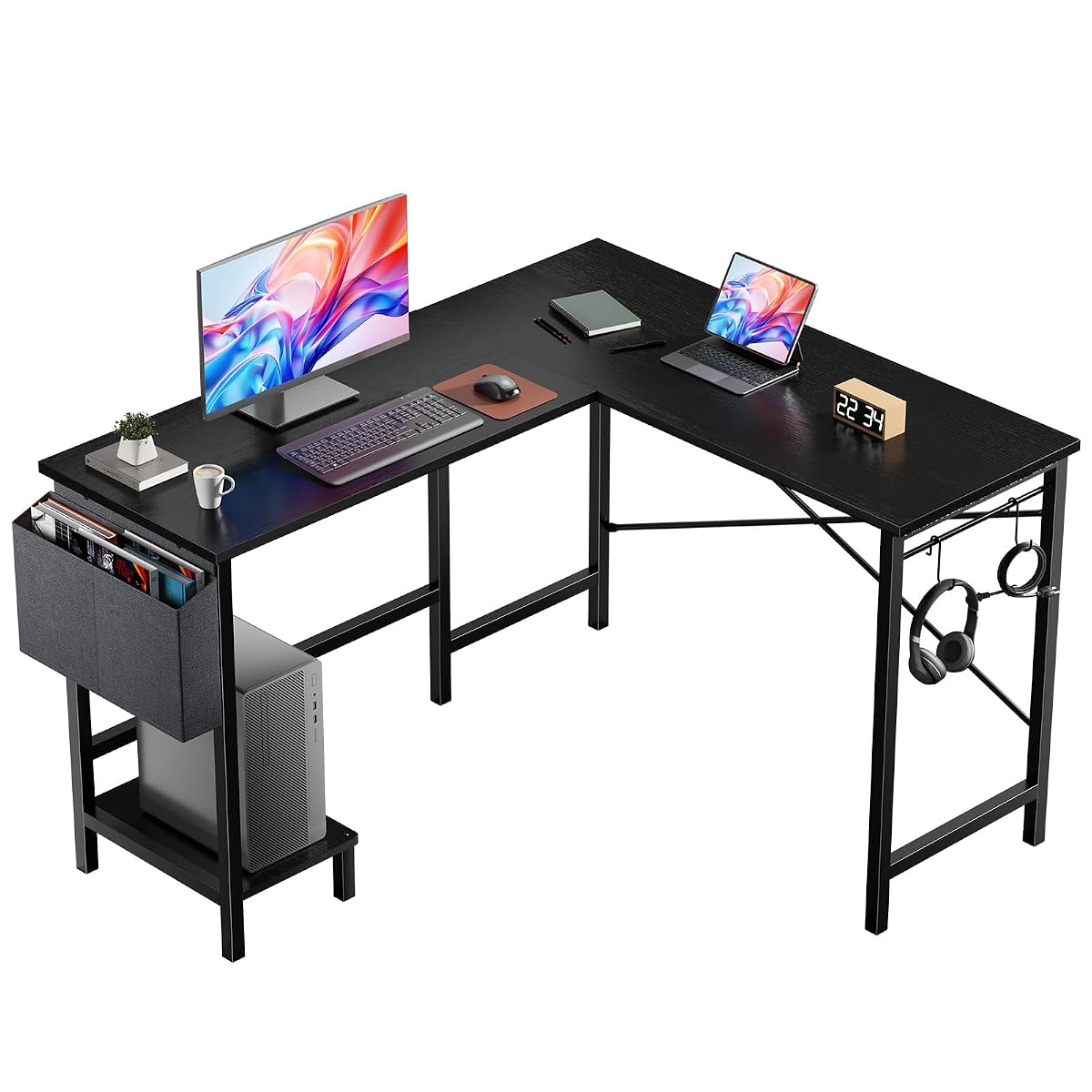 L Shaped Computer Corner Desk with PC Stand, Black