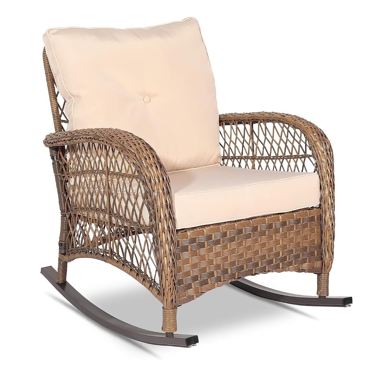 Outdoor Wicker Rocking Chair, Patio Rattan Rocker Chair with Cushions & Steel Frame, All-Weather Rocking Lawn Wicker Furniture for Garden Backyard Porch (Beige)