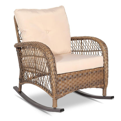 Outdoor Wicker Rocking Chair, Patio Rattan Rocker Chair with Cushions & Steel Frame, All-Weather Rocking Lawn Wicker Furniture for Garden Backyard Porch (Beige)