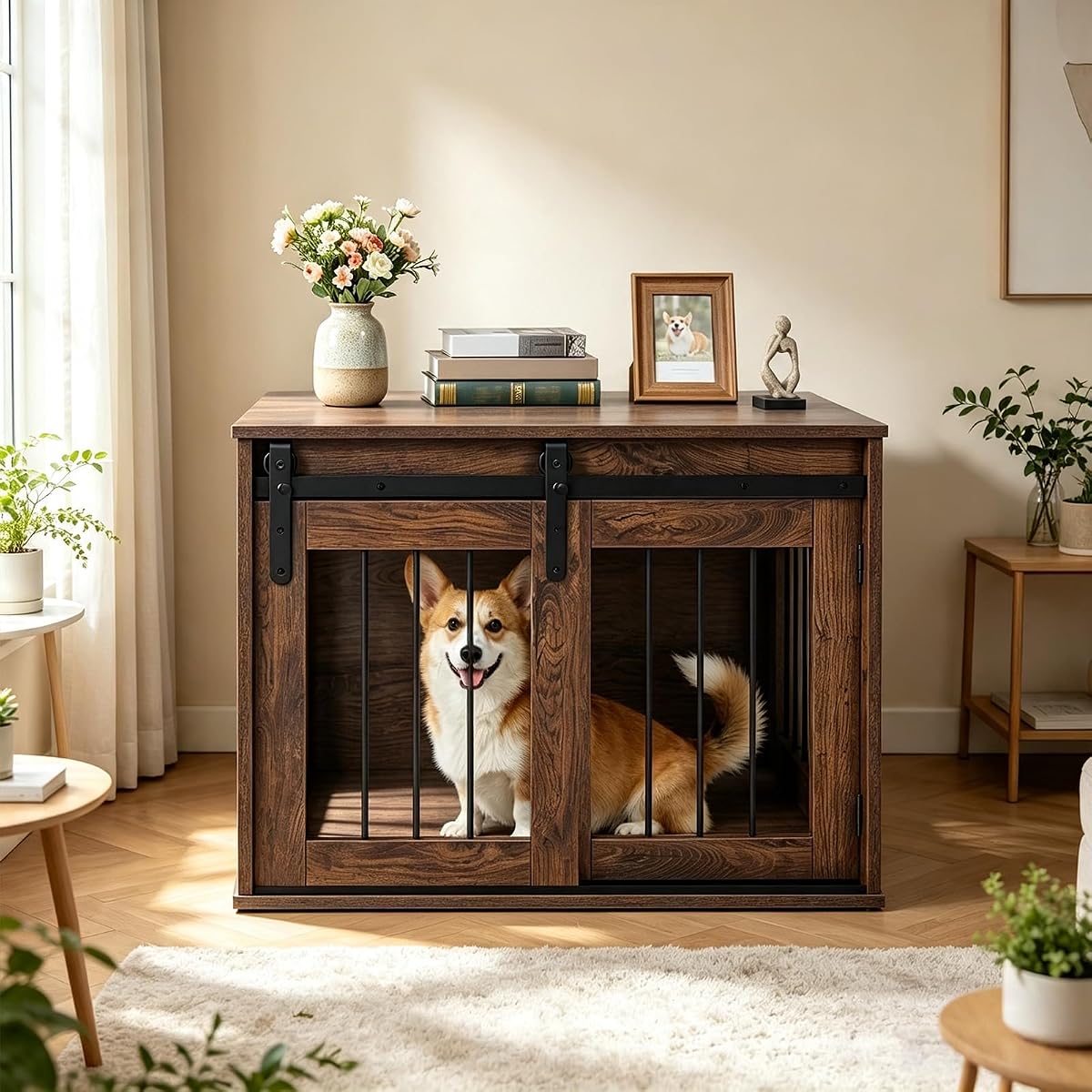 31.5" Dog Crate Furniture with Sliding Barn Door, Wooden Dog Kennel