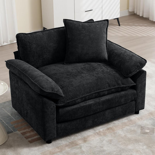 Modern Oversized Chair, Comfy Chenille Accent Chair Large Upholstered Armchair with Extra Thick and Deep Seat Lounge Chair for Living Room,Bedroom,Apartment (Black)