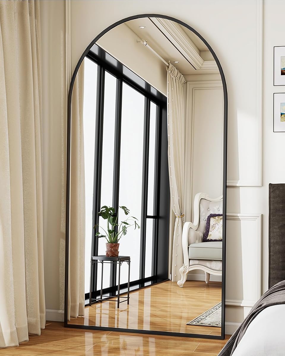 34"x76" Arched Full Length Mirror, Black Large Floor Mirror with Aluminum Alloy Frame Standing Hanging or Leaning Wall-Mounted Full Body Mirror for Living Room and Bedroom