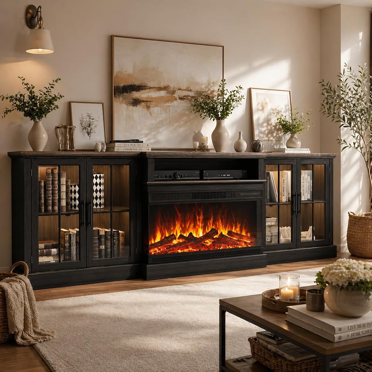 Black 98" Farmhouse TV Stand with 36" Fireplace for Living Room
