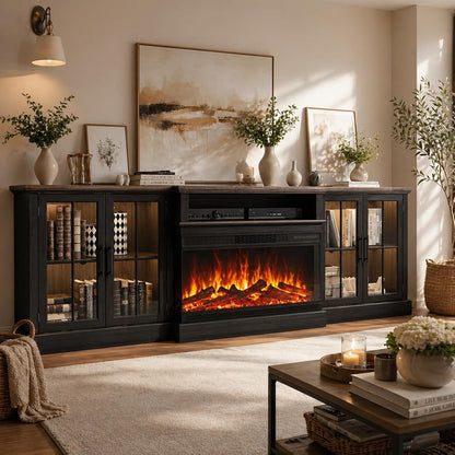 Black 98" Farmhouse TV Stand with 36" Fireplace for Living Room