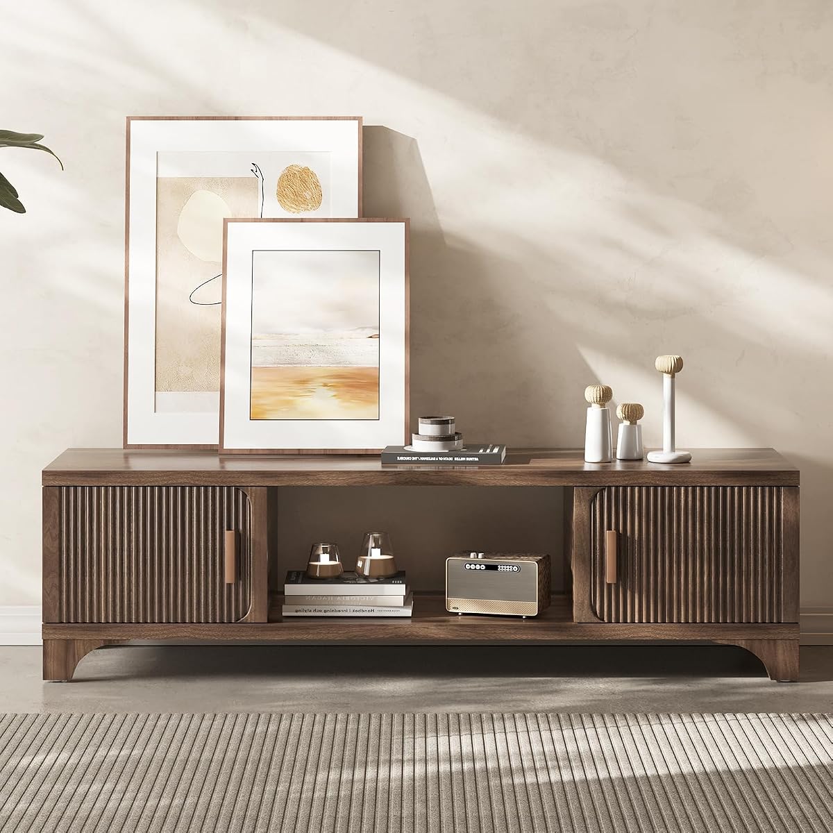 Mid Century Modern Fluted TV Stand for 55/65 Inches Television Media Console