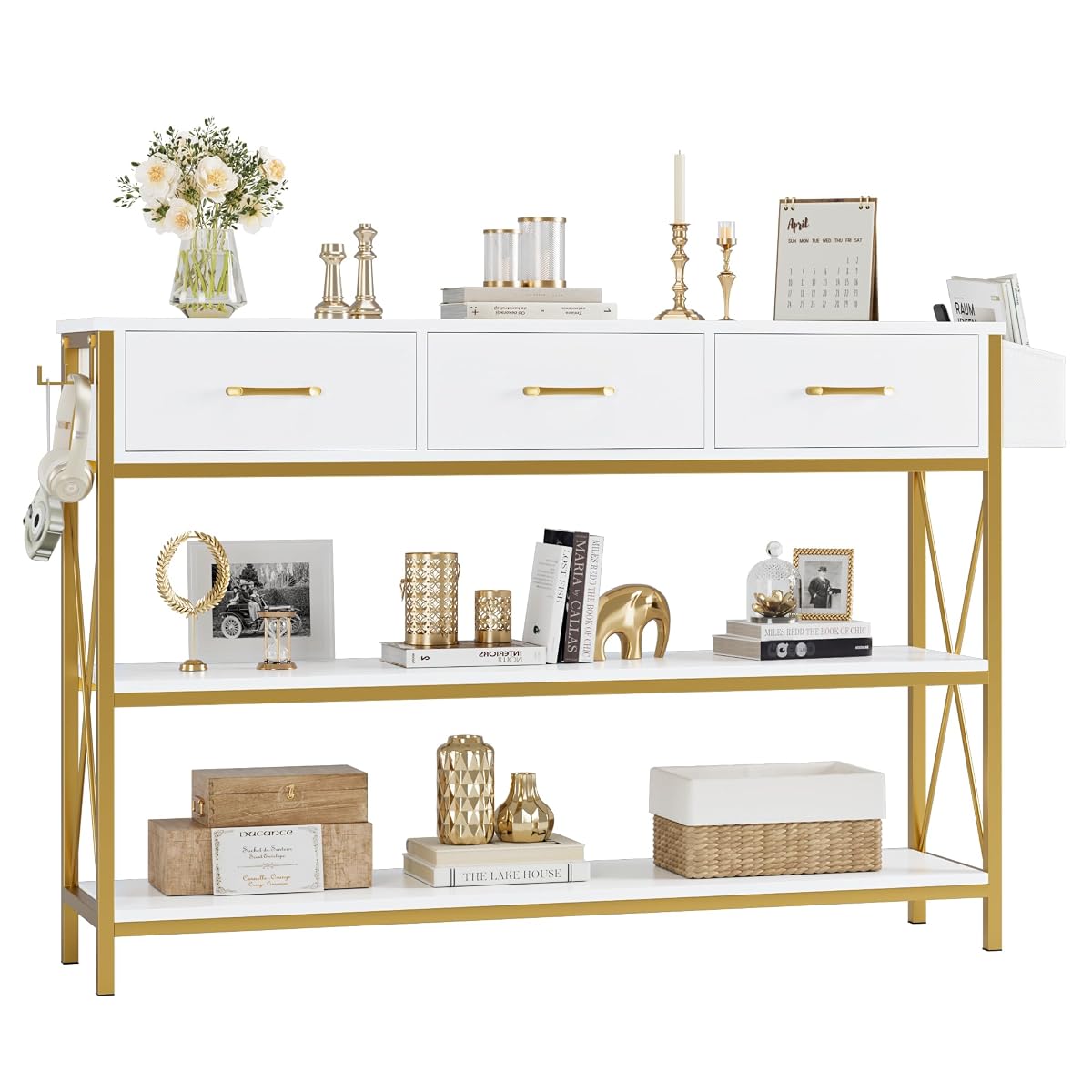 Gold Console Table with Storage, 47.2" Long Entryway Table, White | Narrow Wide Wood Entry way Table w/ 3-Tier Open Shelves, Industrial, Farmhouse Sofa Foyer Table for Hallway, Living Room
