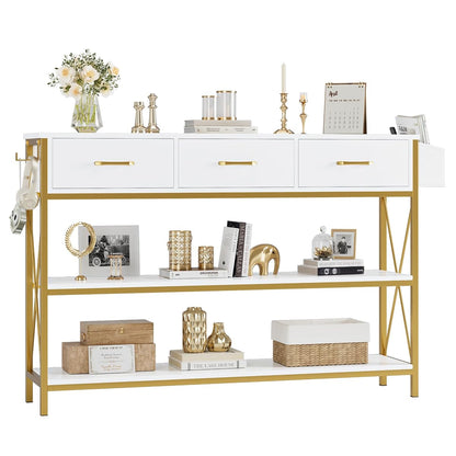 Gold Console Table with Storage, 47.2" Long Entryway Table, White | Narrow Wide Wood Entry way Table w/ 3-Tier Open Shelves, Industrial, Farmhouse Sofa Foyer Table for Hallway, Living Room