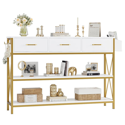 Gold Console Table with Storage, 47.2" Long Entryway Table, White | Narrow Wide Wood Entry way Table w/ 3-Tier Open Shelves, Industrial, Farmhouse Sofa Foyer Table for Hallway, Living Room