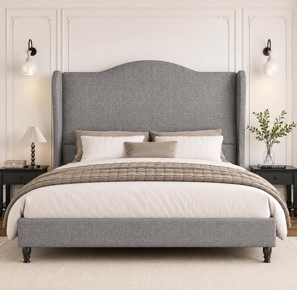 Queen Size Upholstered Platform Bed Frame, Light Grey
