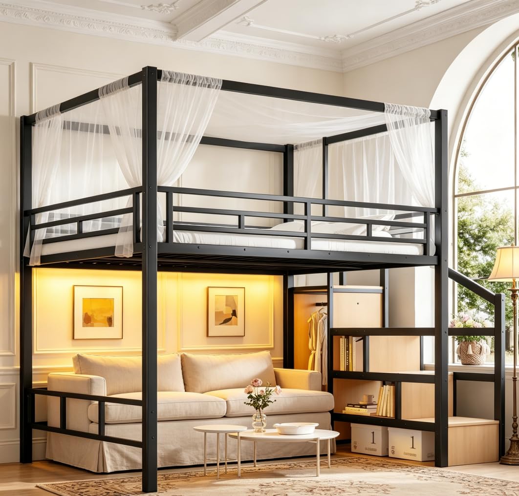 Queen loft Bed with Storage Stairs, Wardrobe, LED, Canopy Support Pole