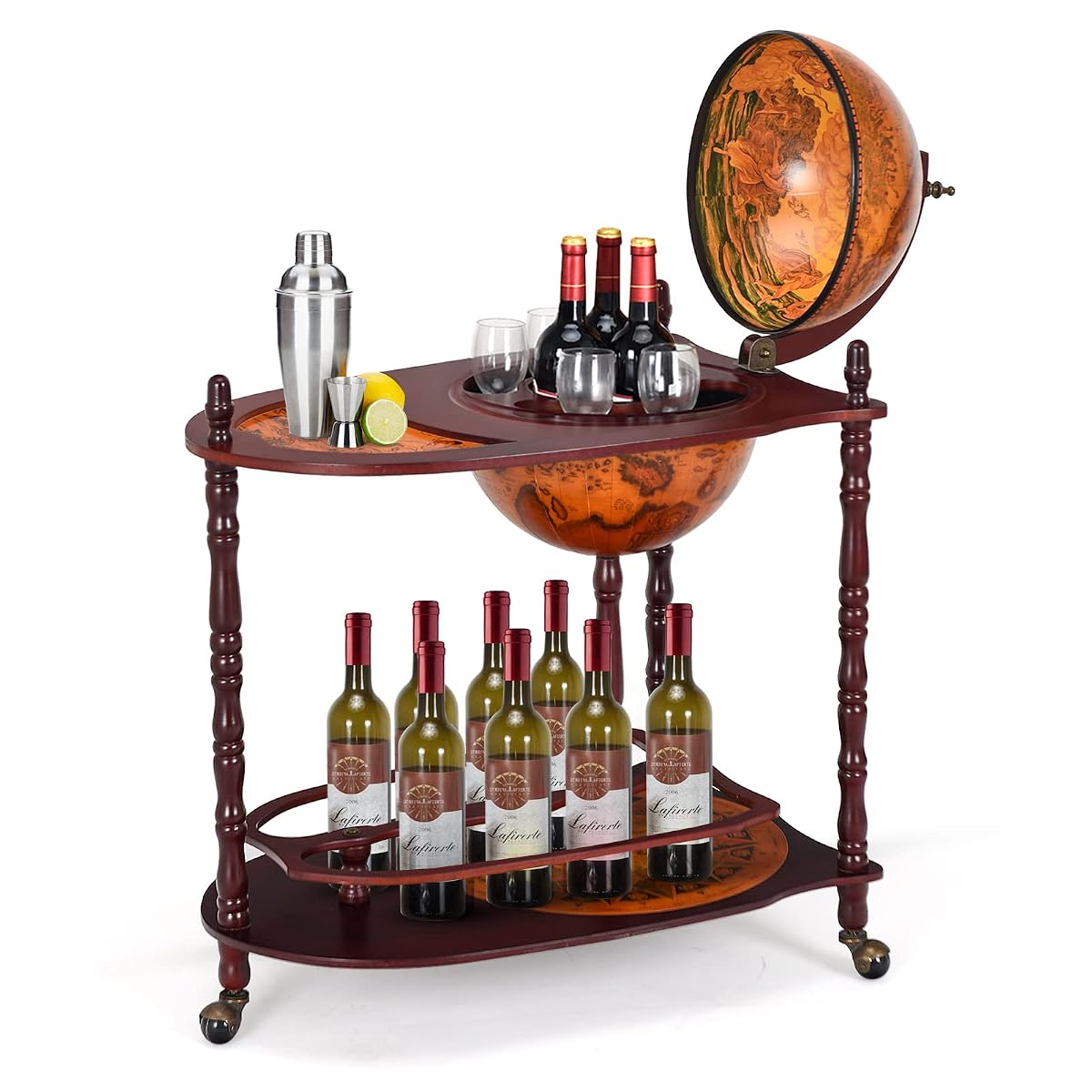 Retro Globe Bar Cart, 34.5" Mobile Liquor Cabinet with Wheels, Storage Shelves, Antique World Map Design, Mid-Century Italian Style Wine & Spirits Display Stand for Dining Room, Pub