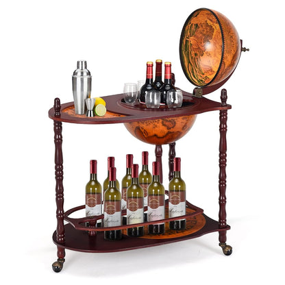 Retro Globe Bar Cart, 34.5" Mobile Liquor Cabinet with Wheels, Storage Shelves, Antique World Map Design, Mid-Century Italian Style Wine & Spirits Display Stand for Dining Room, Pub