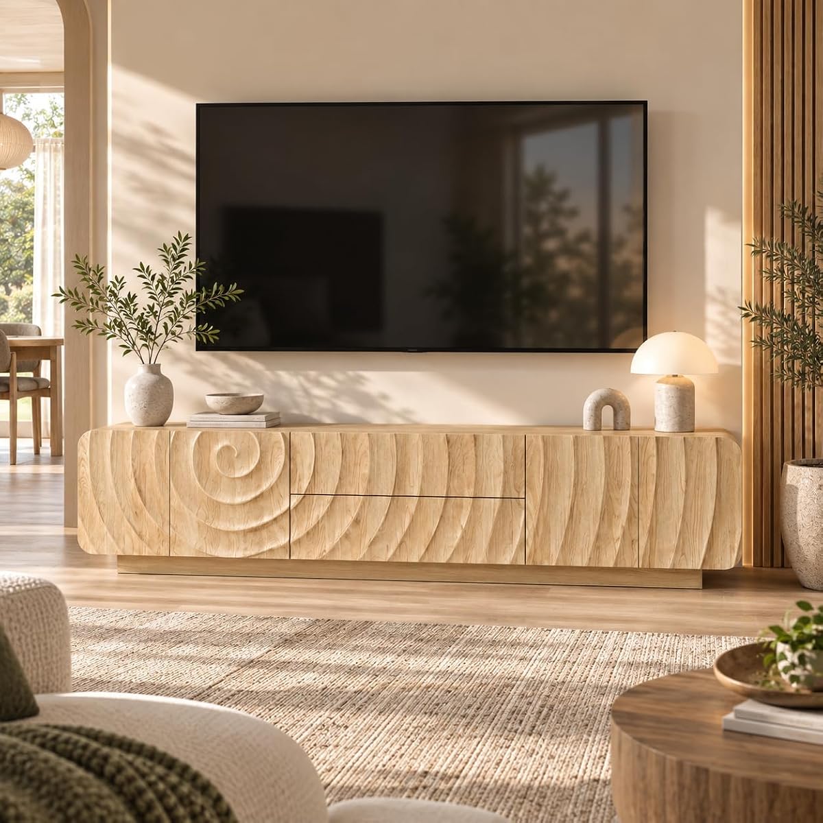 71" TV Console, Spiral Wave Design, 2 Drawers, Media Storage, Natural