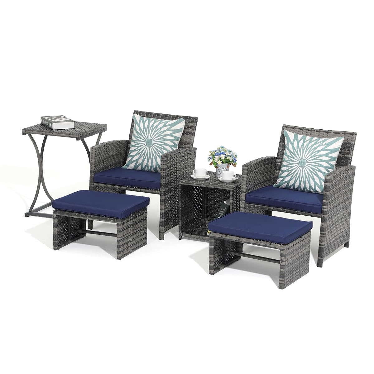 6 Piece Patio Furniture Conversation Set with Ottoman, Outdoor Grey Wicker Chair and Table Set, Balcony Furniture for Apartments, Navy Blue
