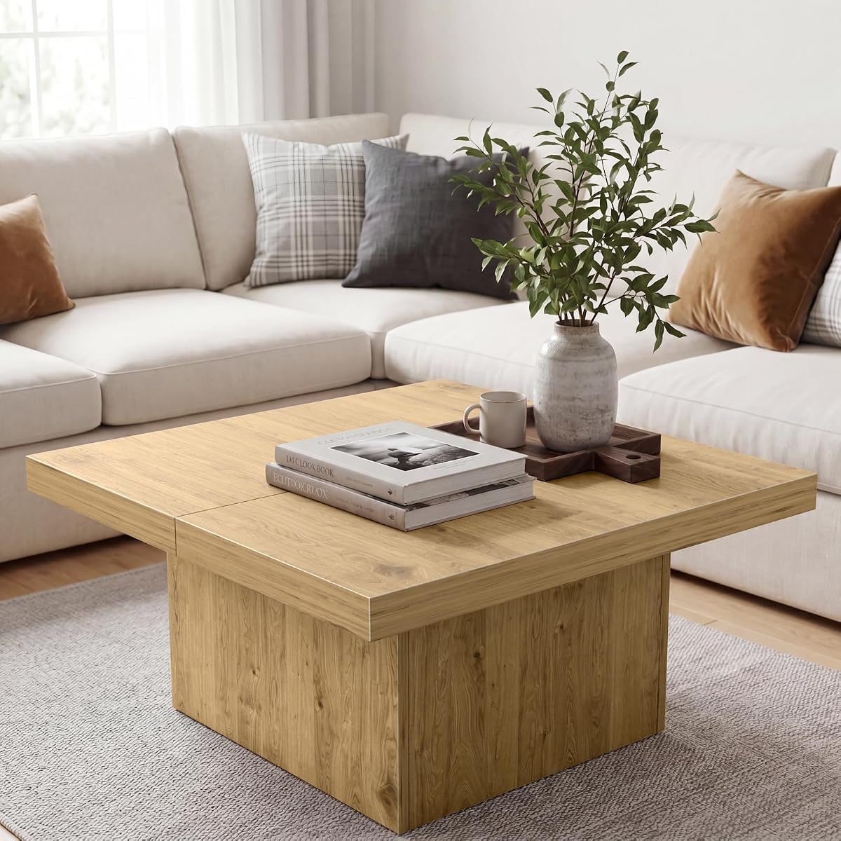Light Walnut 35.5 Inch Square Coffee Table, Modern Organic Farmhouse Coffee Table for Living Room, Engineered Wood with Eco-Friendly Laminate Veneer Center Table, Block Base