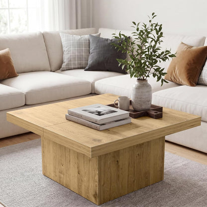 Light Walnut 35.5 Inch Square Coffee Table, Modern Organic Farmhouse Coffee Table for Living Room, Engineered Wood with Eco-Friendly Laminate Veneer Center Table, Block Base