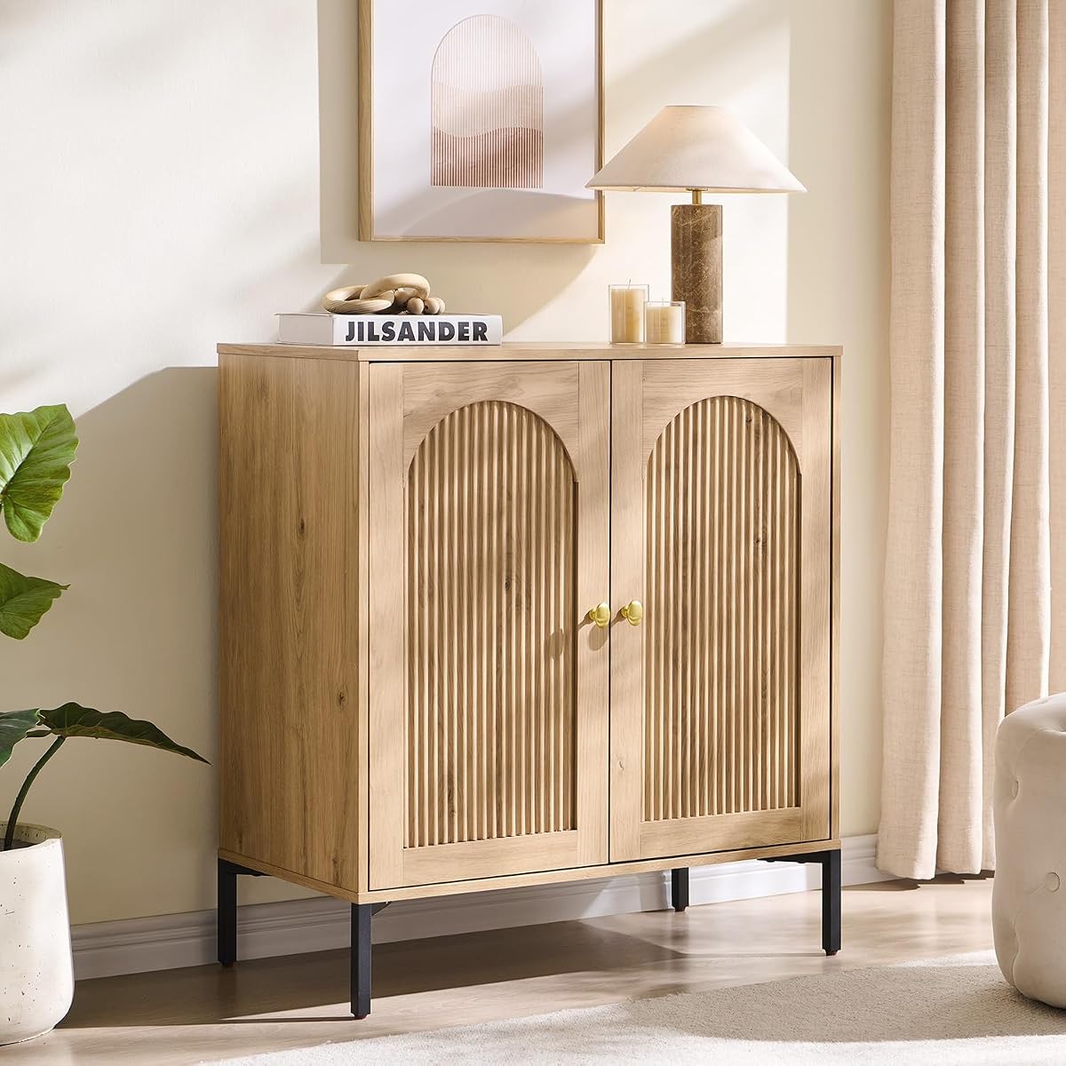 Modern Sideboard Buffet Cabinet, 34" Tall Fluted Arched Buffet Cabinet with Storage and Adjustable Shelves, Wooden Modular Coffee Bar Cabinets for Kitchen, Entryway, Natural