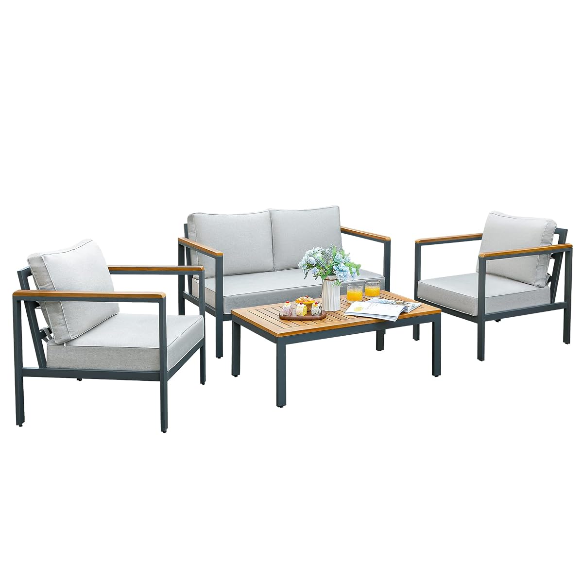 4 Pieces Patio Furniture Sets Outdoor Conversation Set Acacia Wood Sofa Set with Coffee Table Thicker Sponge Cushion