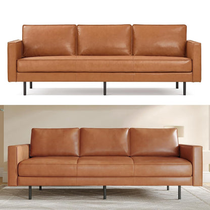 Valencia Varese 90" Full Leather Couch Cognac Tan Brown- Italian Nappa Leather Modern Cloud Couch for Living Room/Apartment Furniture