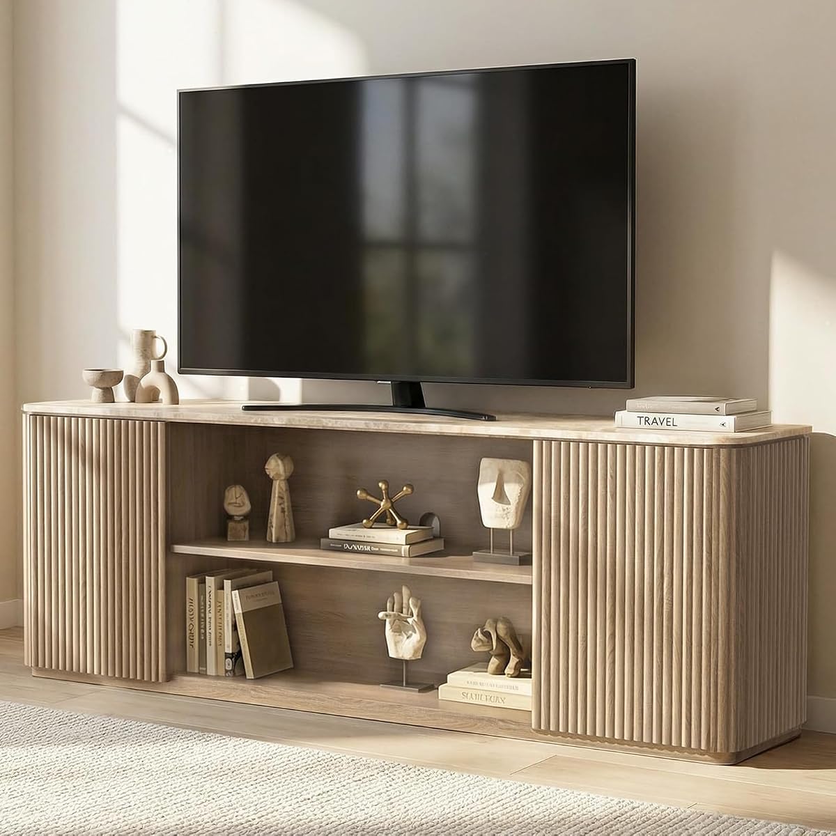 70" Modern Fluted TV Stand for TVs Up to 80", Faux Marble Top, Natural Oak