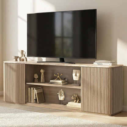 70" Modern Fluted TV Stand for TVs Up to 80", Faux Marble Top, Natural Oak