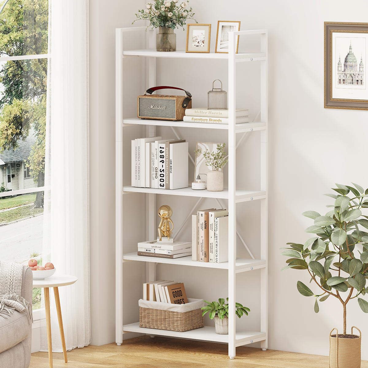 5 Tier Bookshelf, Metal and Wood Bookcase, Etagere Book Shelf for Display, Modern Shelving Unit Tall Book case for Home Office, Living Room (White Oak)