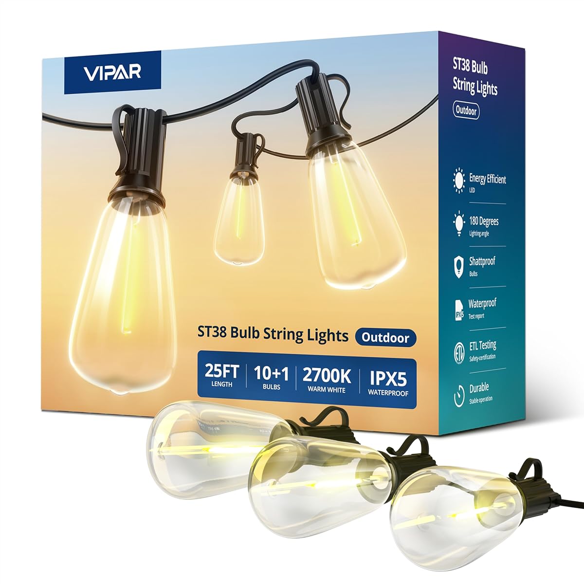 Outdoor String Lights 25FT LED Patio Lights IPX5 Waterproof with 10+1 ST38
