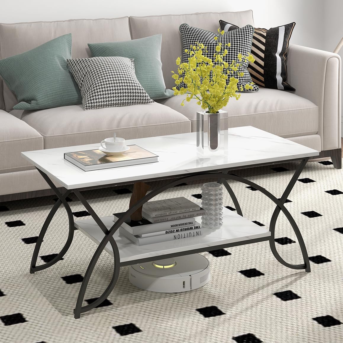 2-Tier Rectangular Coffee Table, Faux Marble Table with Open Storage Shelf, Black Finished Metal Frame, Modern Center Table for Living Room, Reception Room (White+Black)
