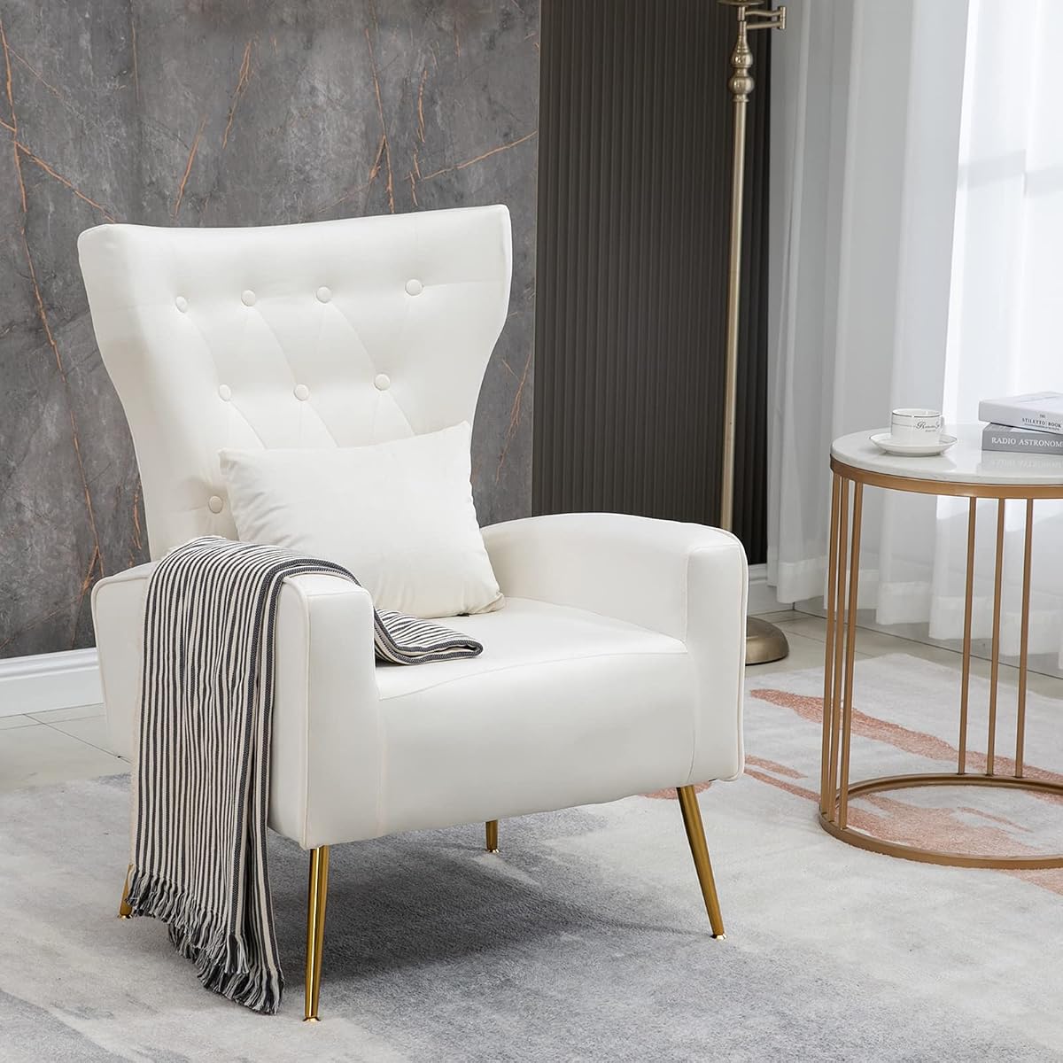 Button-Tufted Living Room Chairs, WingBack Velvet Accent Chair Armchair with Lumbar Pillow, Bedroom Chairs Arm Chair with Golden Legs, Cream