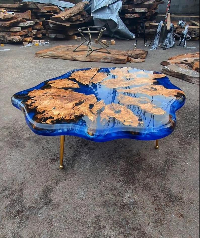 Customized Resin Epoxy Round Table Top, Blue Ocean River Look, Coffee Table Design, Resin Table, Luxury Decor Table, Walnut Table, Wooden Resin Table, (Without Stand, 46 x 46 Inches)