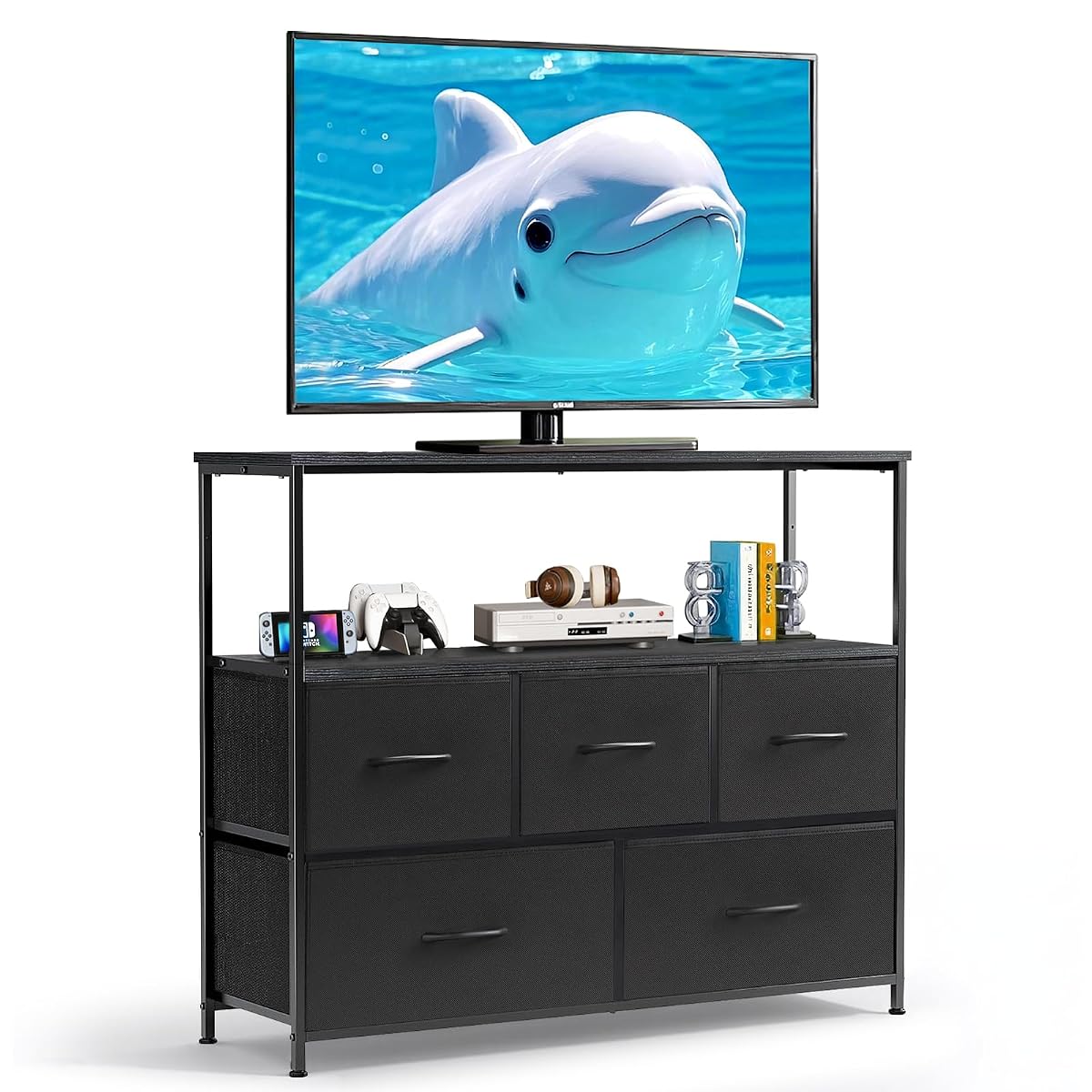 TV Stand, 5 Fabric Drawers Entertainment Center for TV up to 45 inch Wooden Media Console Table with Open Shelf, for Living Room, or Small Space, Black