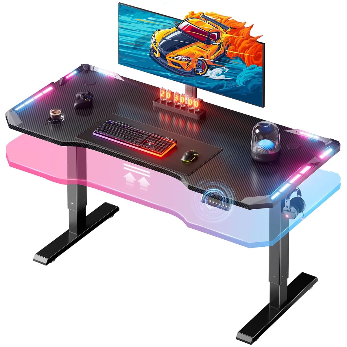 47" Electric Gaming Standing Desk with LED Lights, Black, 180lb, 27.8"