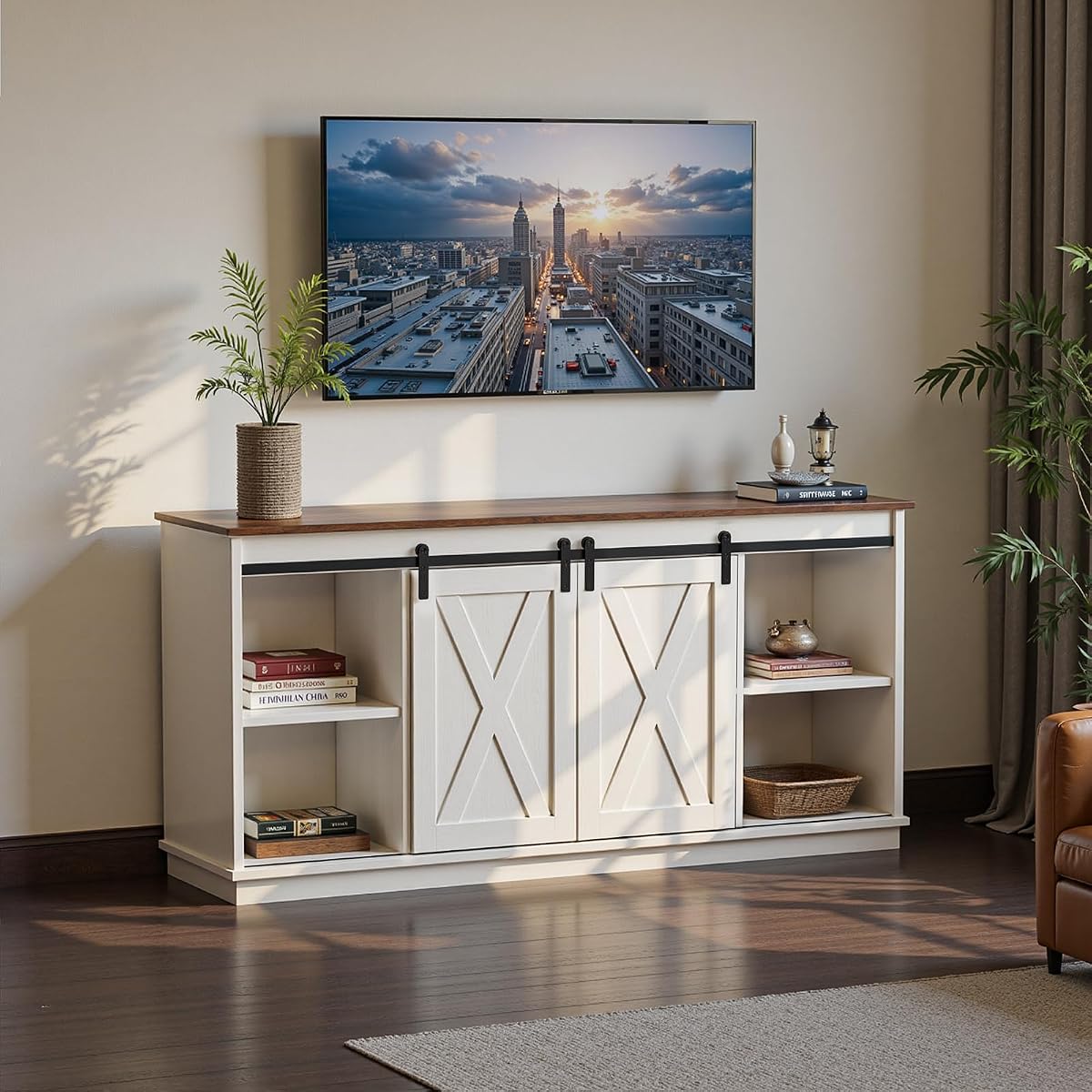 Farmhouse TV Stand for 65 Inch TV, Sliding Barn Doors, Media Console