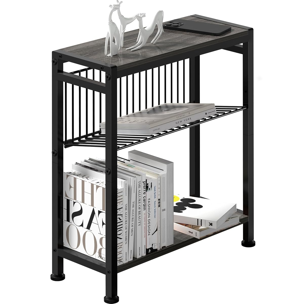 Side Table for Small Spaces, Narrow End Table with Magazine Holder, 2 in 1 Design Slim Side Table, Skinny Nightstand for Living Room Bedroom, Thin Side Magazine Table, Grey