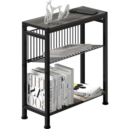 Side Table for Small Spaces, Narrow End Table with Magazine Holder, 2 in 1 Design Slim Side Table, Skinny Nightstand for Living Room Bedroom, Thin Side Magazine Table, Grey