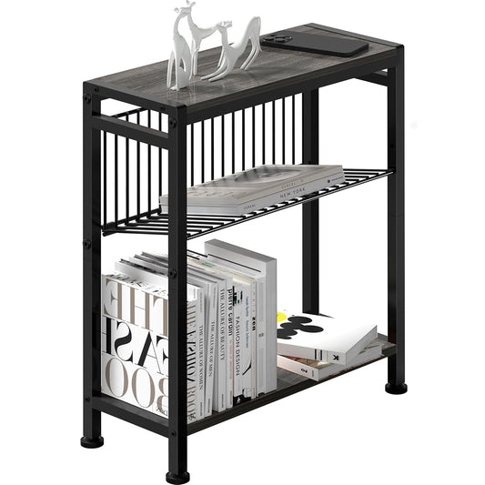 Side Table for Small Spaces, Narrow End Table with Magazine Holder, 2 in 1 Design Slim Side Table, Skinny Nightstand for Living Room Bedroom, Thin Side Magazine Table, Grey