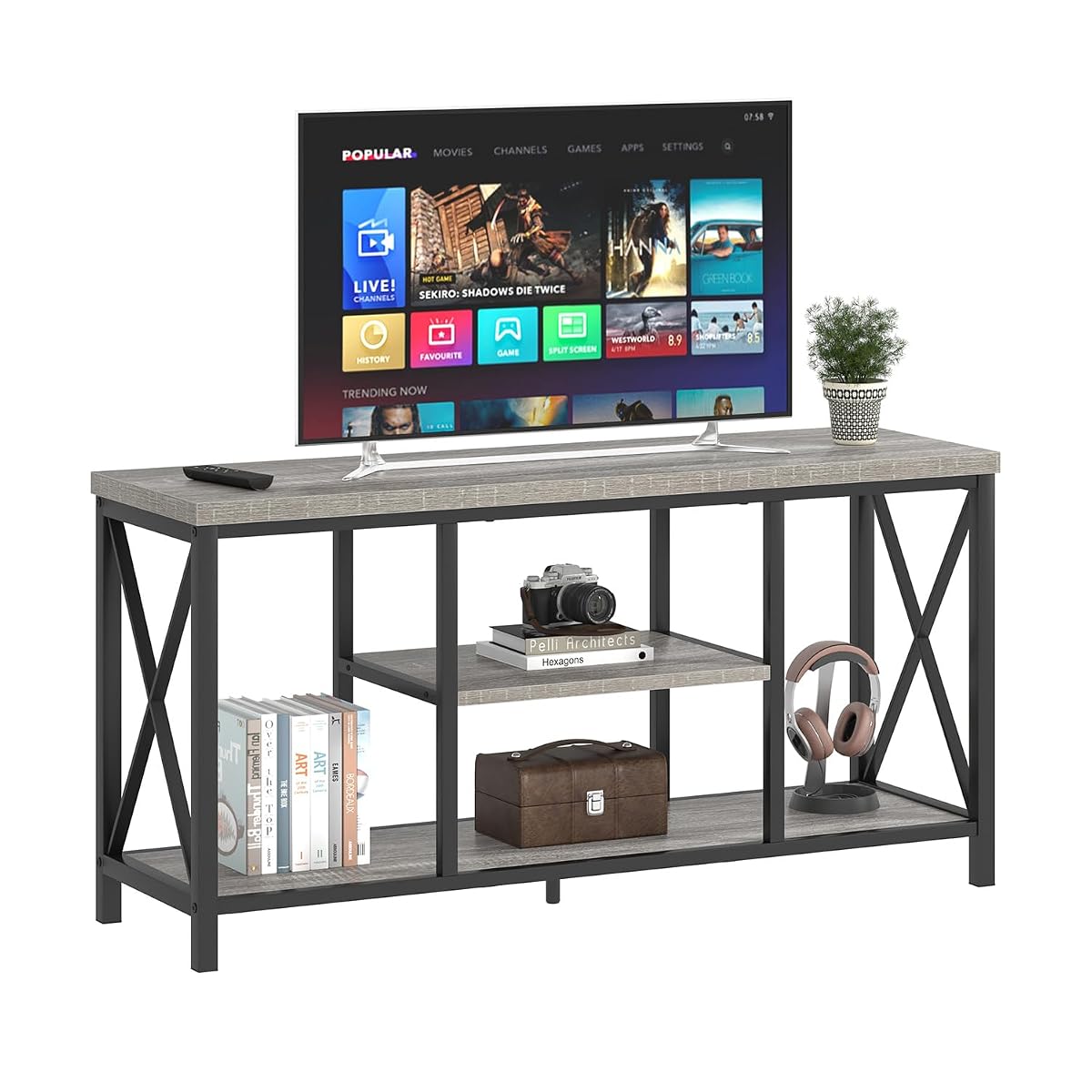 Modern TV Stand for TVs up to 55 Inch, Rustic Wood Entertainment Center with Storage Shelves, Industrial Media TV Console and TV Table for Living Room Bedroom, 47 Inch Light Grey