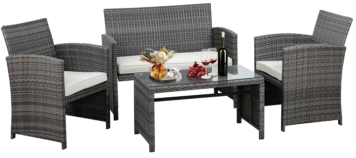4 Piece Outdoor Patio Furniture Set, Outdoor Wicker Rattan Chairs Conversation Sets with Cushions & Coffee Table for Outside, Garden, Balcony, Porch, Beige