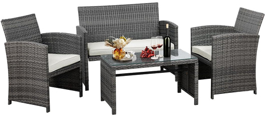 4 Piece Outdoor Patio Furniture Set, Outdoor Wicker Rattan Chairs Conversation Sets with Cushions & Coffee Table for Outside, Garden, Balcony, Porch, Beige