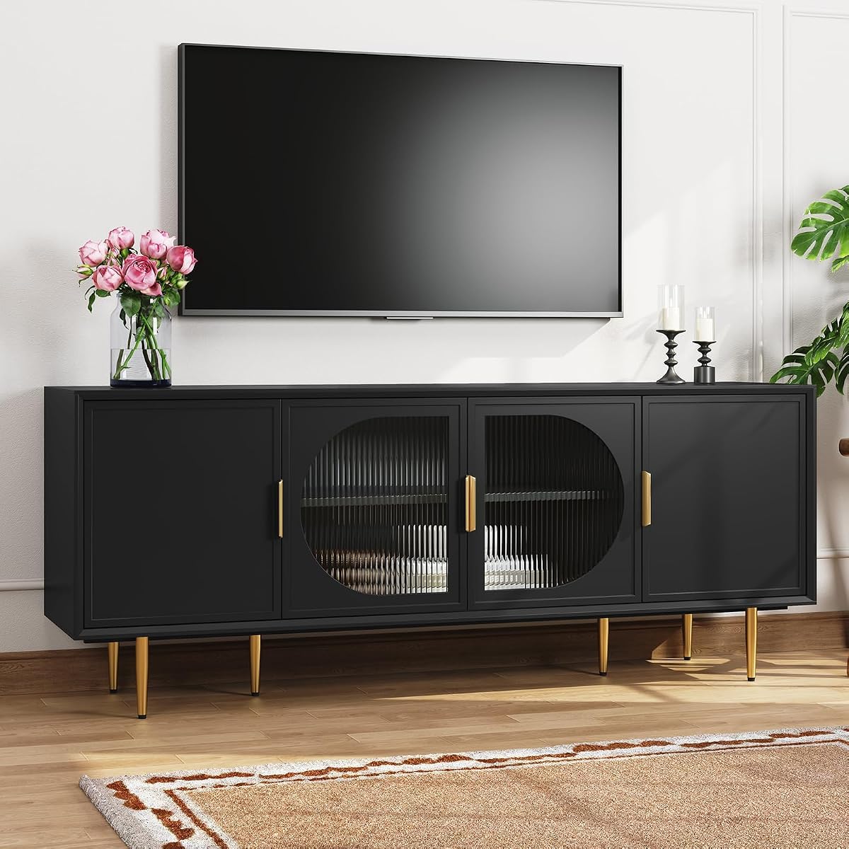 66" TV Stand with Storage Glass Door, Entertainment Center, Black