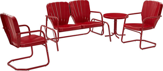 Ridgeland 4-Piece Retro Metal Outdoor Loveseat Glider Patio Furniture Set for Porch, Deck, Bright Red Gloss