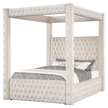 Velvet Canopy Bed Frame Queen - Upholstered Four Poster Bed Frame with Tufted Headboard and Footboard, Luxury Bed Frame with Wood Slats for Bedroom Furniture, Box Spring Required, Ivory