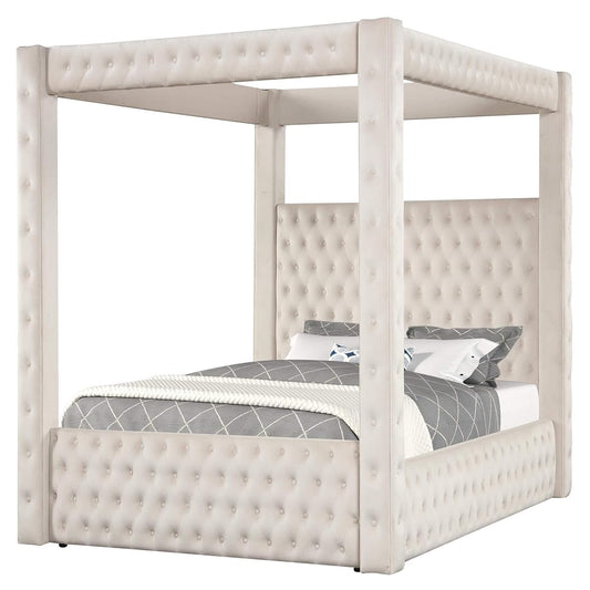 Velvet Canopy Bed Frame Queen - Upholstered Four Poster Bed Frame with Tufted Headboard and Footboard, Luxury Bed Frame with Wood Slats for Bedroom Furniture, Box Spring Required, Ivory