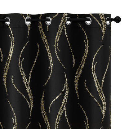 Blackout Curtains 84 inch Length Living Room Thermal Insulated Gold Wave Line Dots Pattern Curtains Room Darkening Grommet Curtains for Bedroom, Black, W62 x L84-inch, 2 Panels