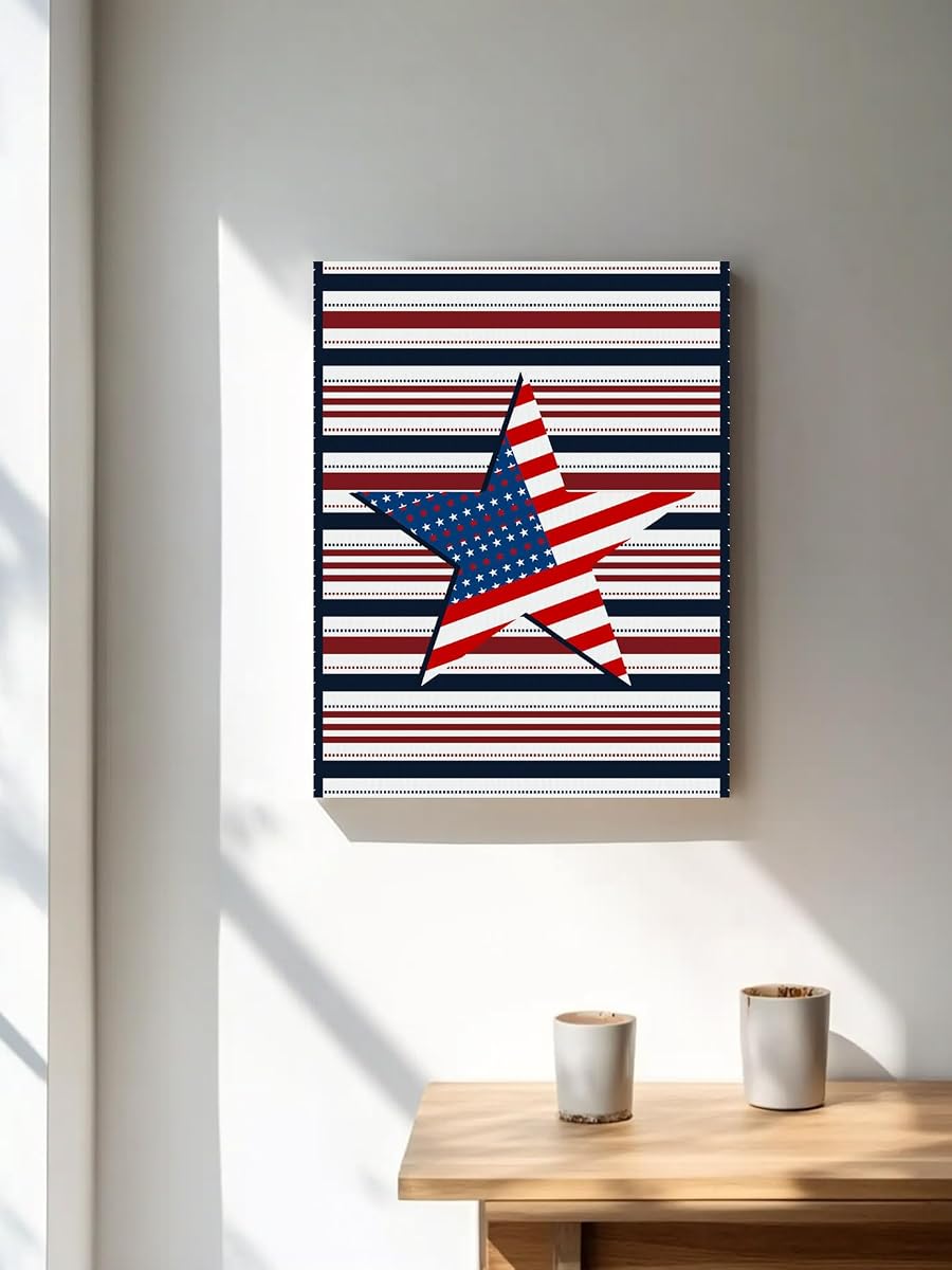 NuYeBiofx 4th of July USA Flag Star Canvas Wall Art Prints,48"x32" Framed Picture Artwork Patriotic Day Blue Red Stripes Printed Canvas Oil Painting for Living Room Bedroom Office,Ready to Hang
