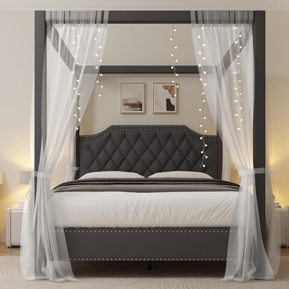 Upholstered Canopy Bed Queen Size with Button Tufted headboard