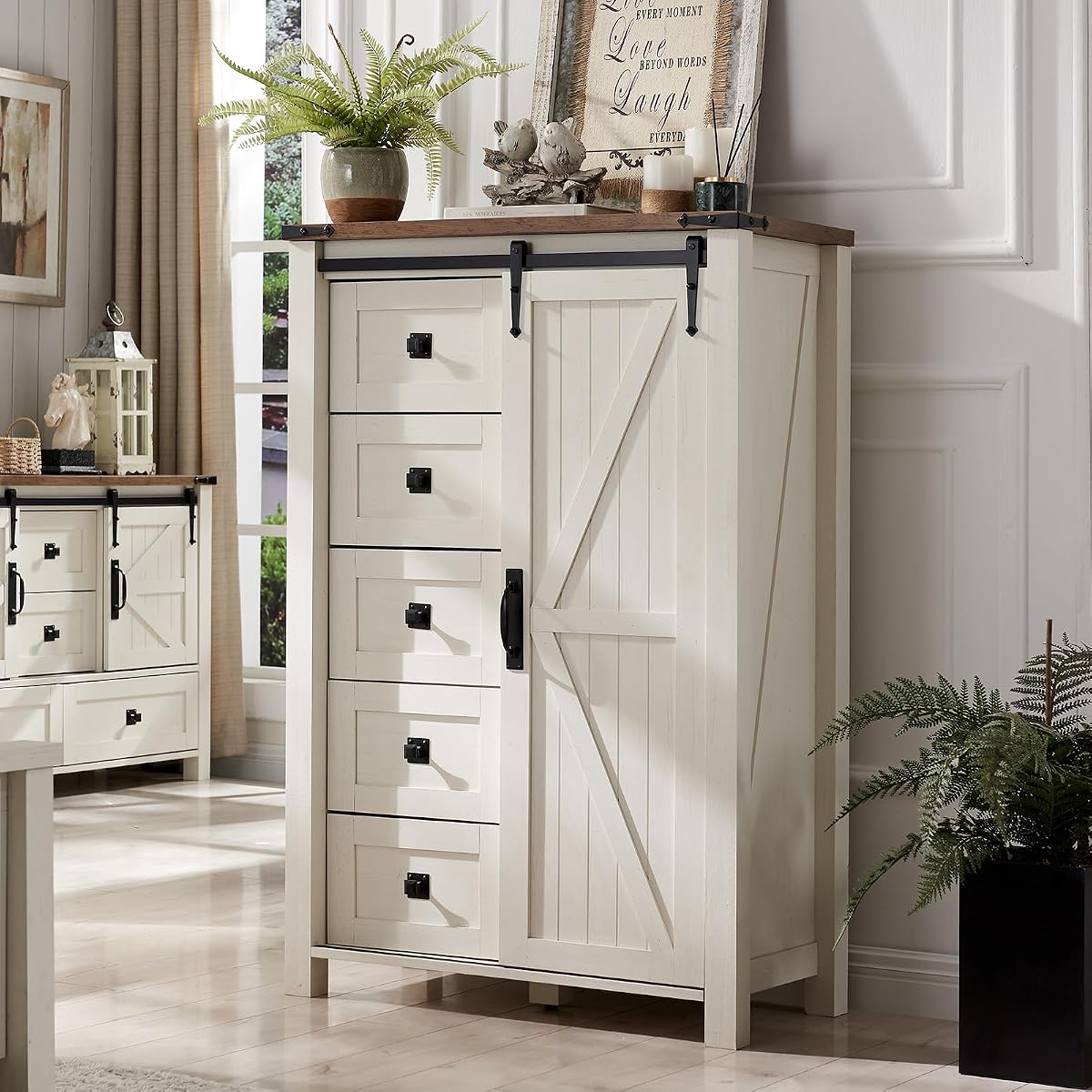 5 Drawers Dresser for Bedroom w/Sliding Barn Door, Farmhouse Modern Tall Dresser 5 Chest of Drawers, Storage Organizer for Bedroom, Hallway, Living Room, Kids Room, Antique White