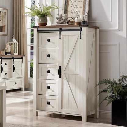 5 Drawers Dresser for Bedroom w/Sliding Barn Door, Farmhouse Modern Tall Dresser 5 Chest of Drawers, Storage Organizer for Bedroom, Hallway, Living Room, Kids Room, Antique White